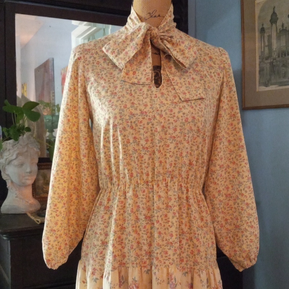 Rare Vintage 1970's Carla Gay Floral Cream Prairie Bow Front Tier Dress - Picture 7 of 16